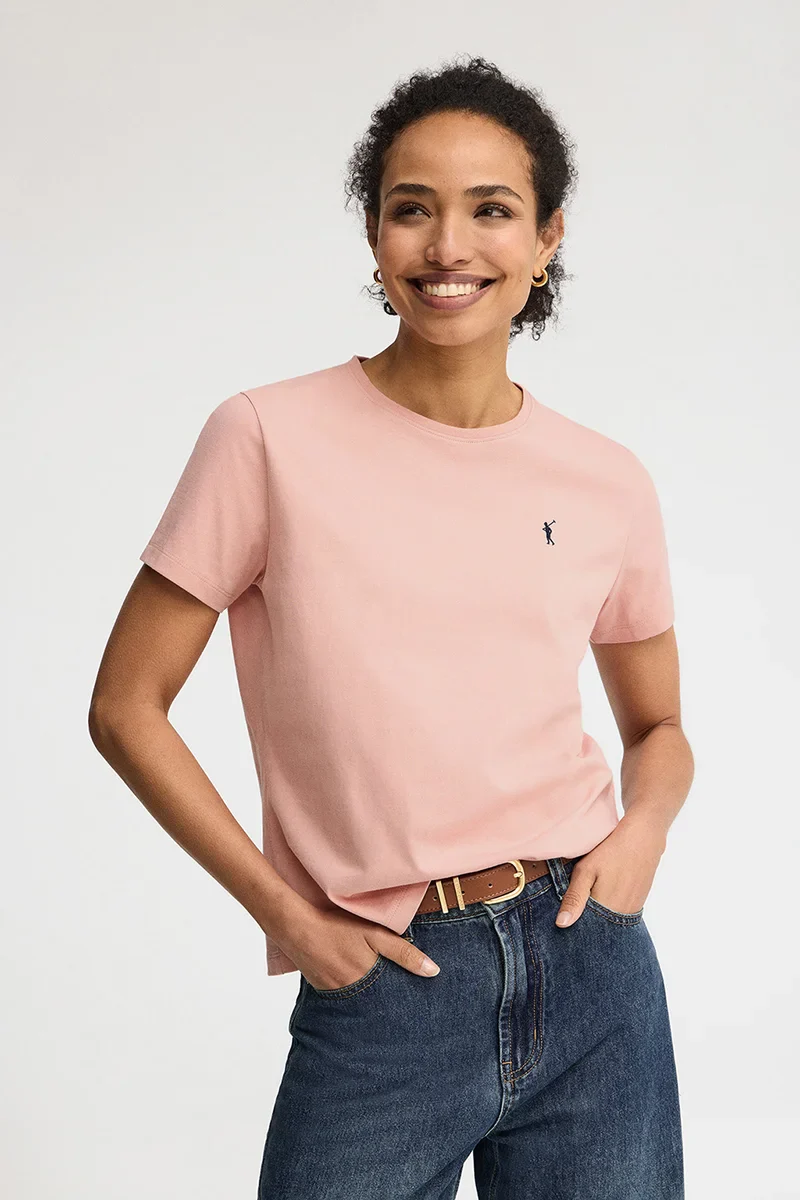 Camiseta rosa palo de manga corta y cuello redondo con bordado Rigby Go