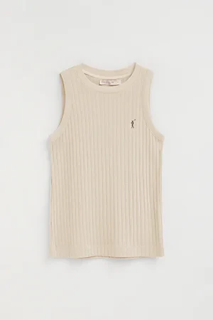 Camiseta sin mangas beige de canalé con corte slim y bordado Rigby Go - Image 10