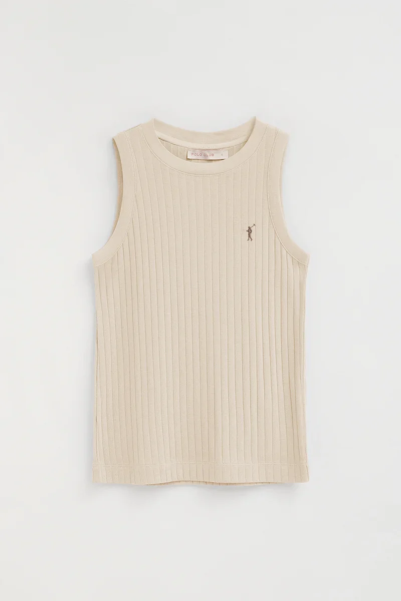Camiseta sin mangas beige de canalé con corte slim y bordado Rigby Go - Image 6