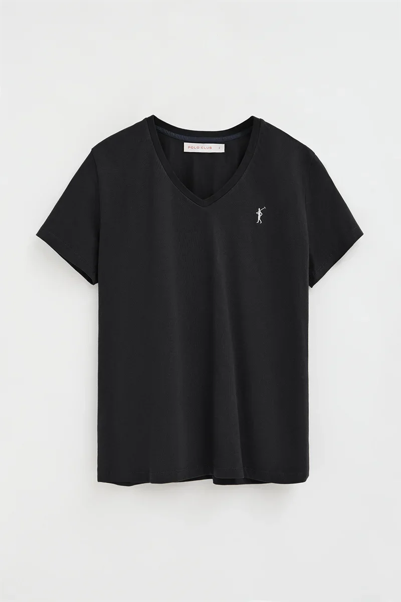 Camiseta negra de manga corta y cuello pico con bordado Rigby Go - Image 5