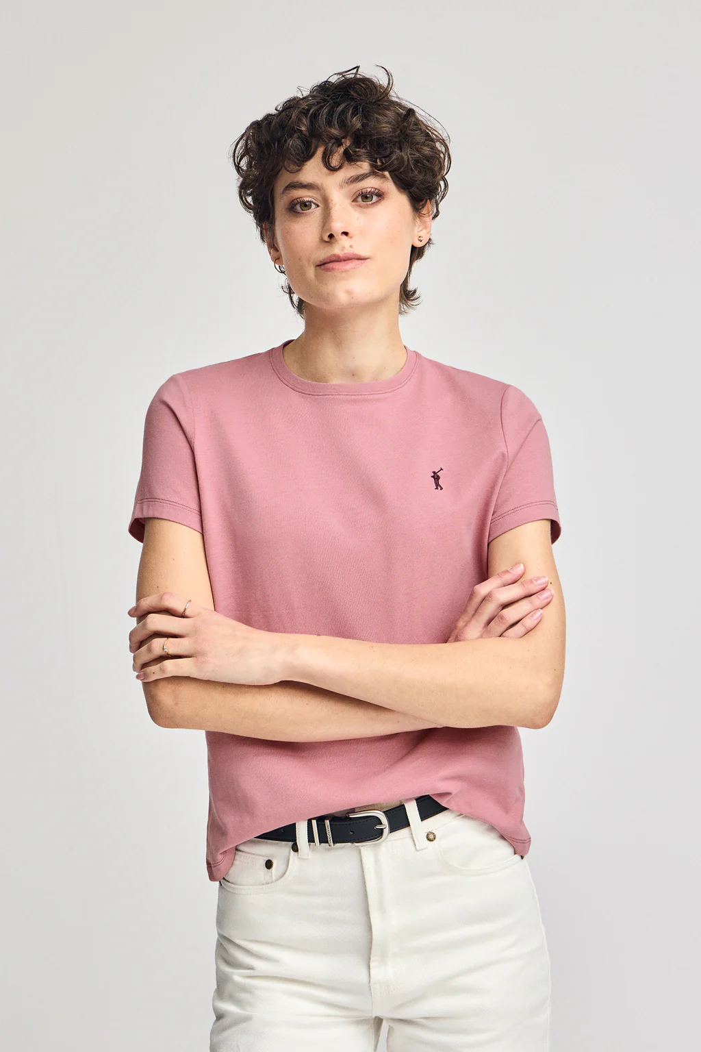 Camiseta rosa empolvado de cuello redondo con bordado Rigby Go