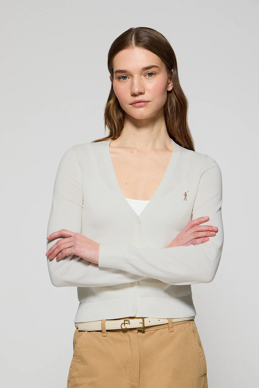 Cárdigan beige de punto abotonado con cuello pico y bordado Rigby Go