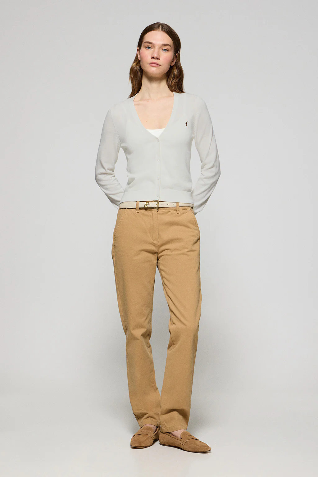 Cárdigan beige de punto abotonado con cuello pico y bordado Rigby Go - Image 3