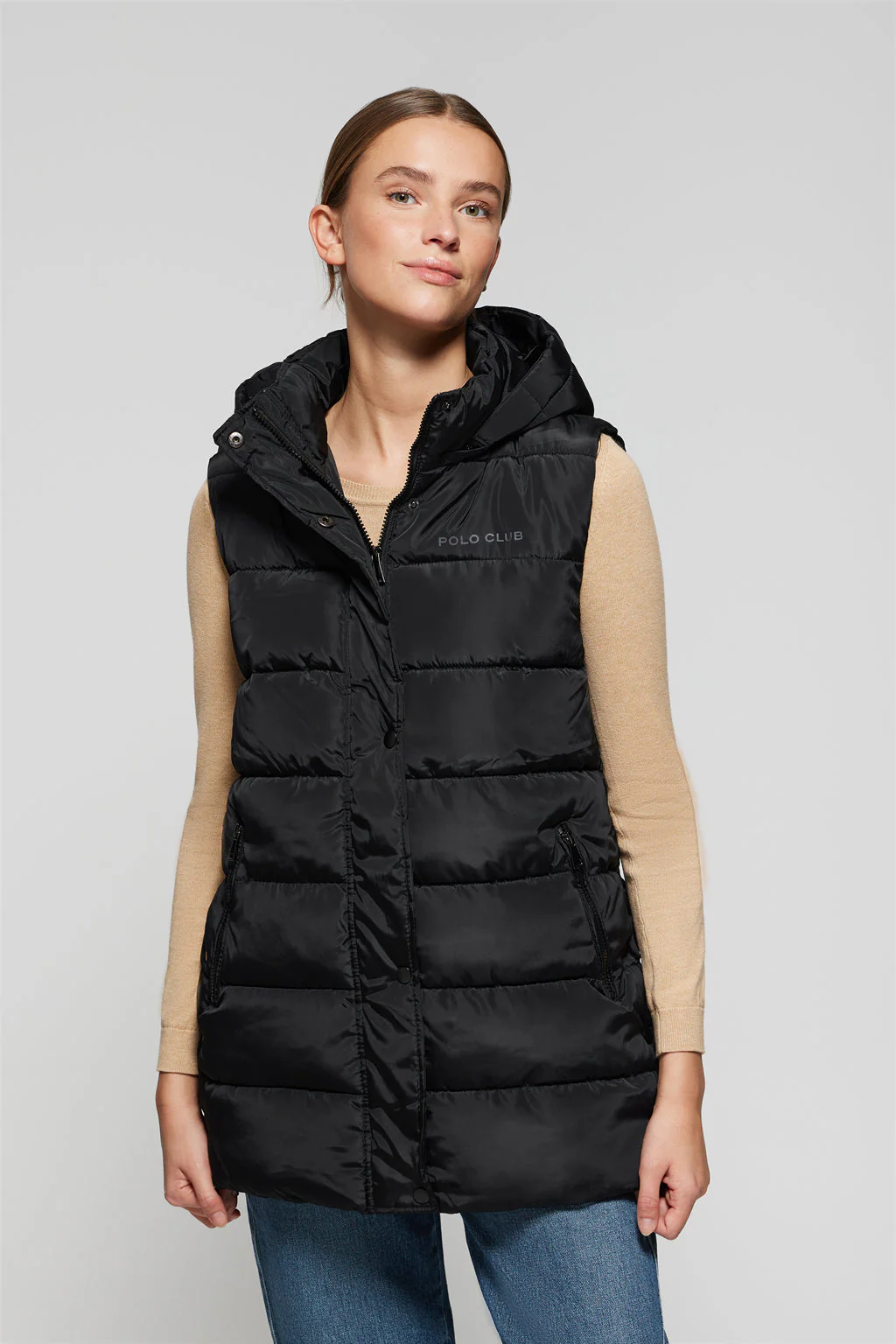 Chaleco negro acolchado con capucha y print Polo Club - Image 3