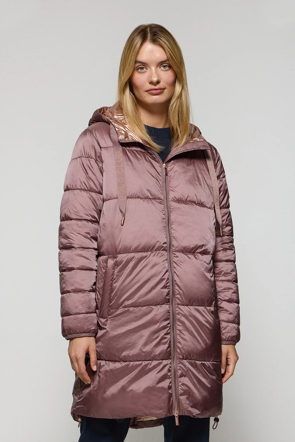 Chaqueta rosa taupe larga y acolchada Rose de capucha fija y detalles Polo Club
