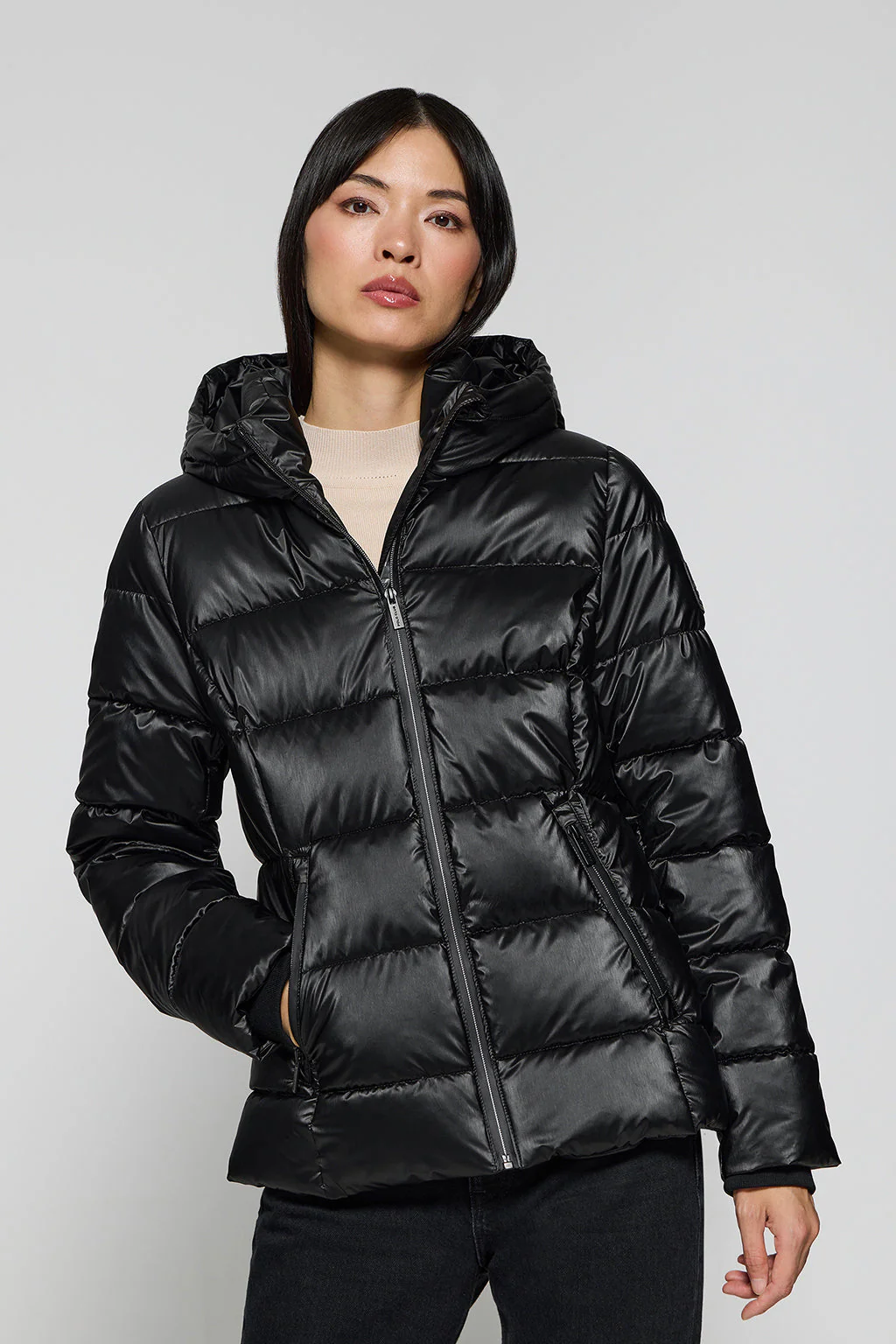 Chaquetón negro efecto brillo Snow de capucha fija y detalles Polo Club