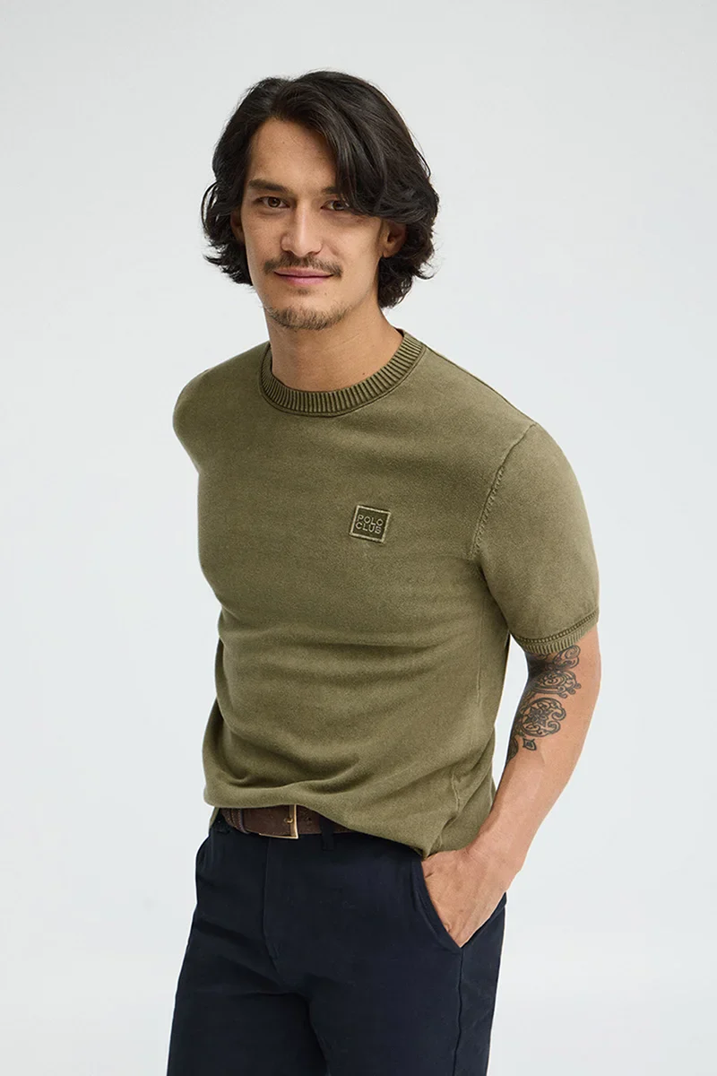 Jersey de manga corta verde musgo con efecto lavado de corte slim Polo Club