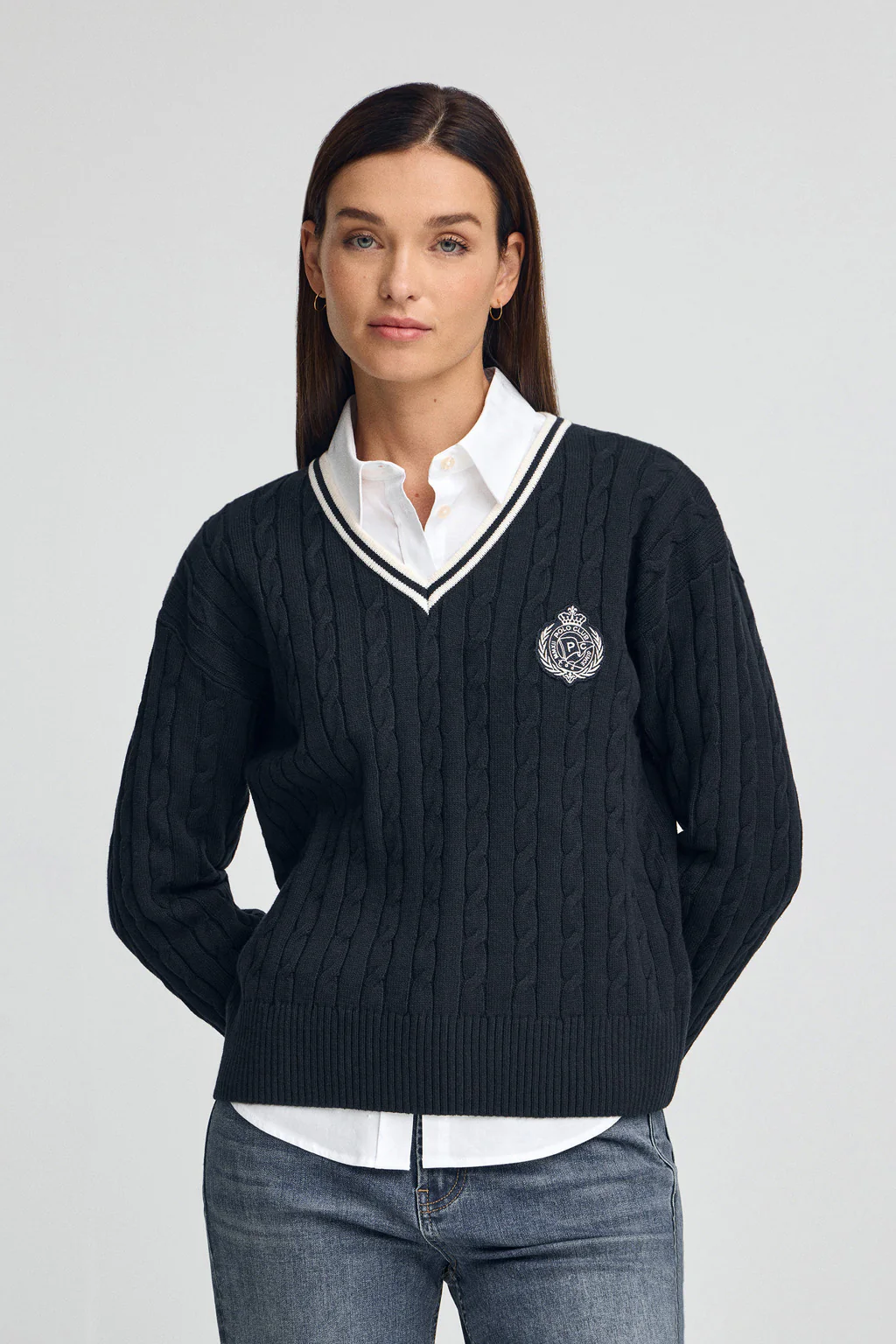 Jersey azul marino trenzado con cuello de pico y parche náutico Polo Club - Image 3