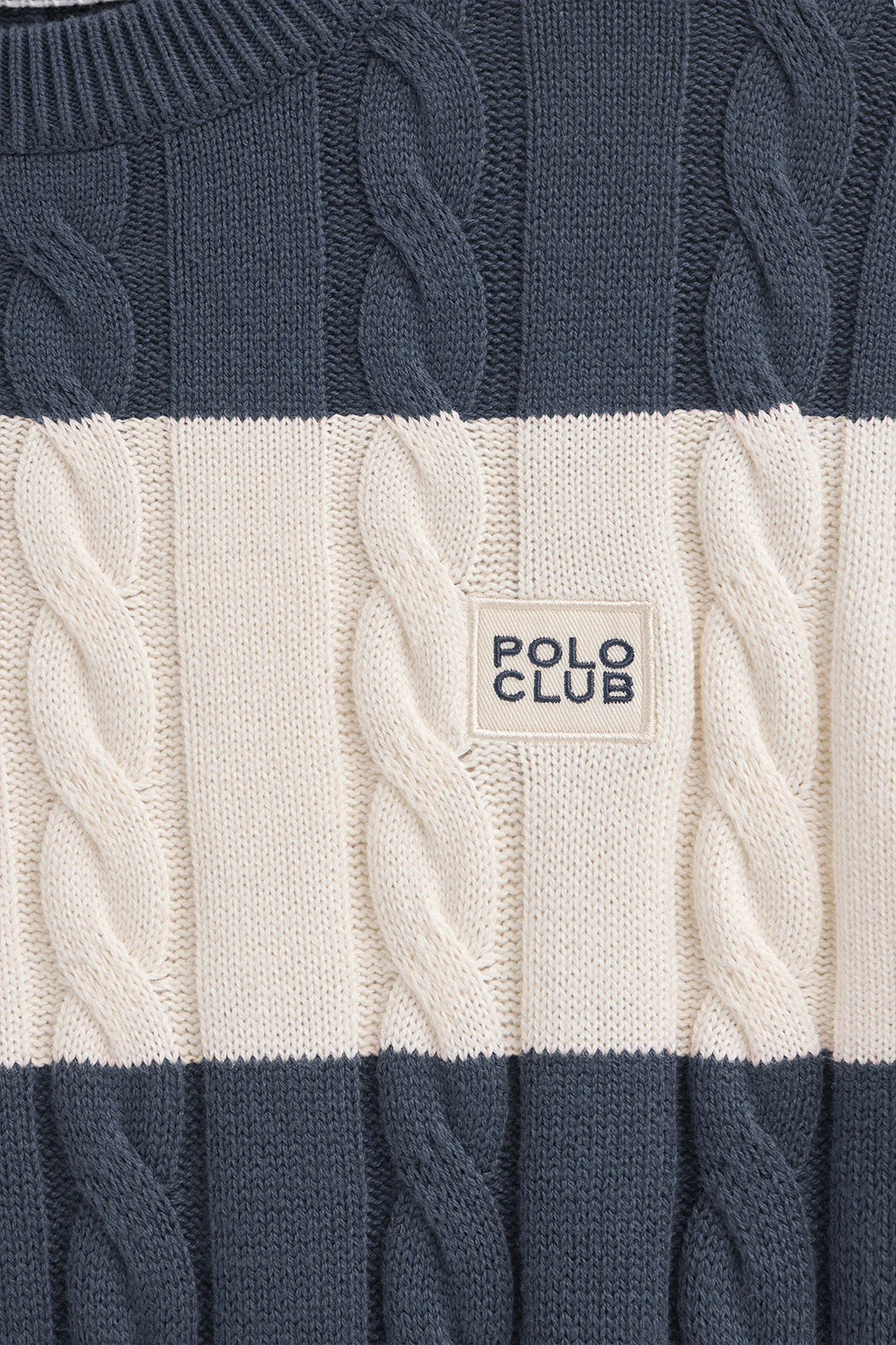 Jersey de rayas azul denim y crudo de punto trenzado en mezcla de lana con parche Polo Club - Image 6