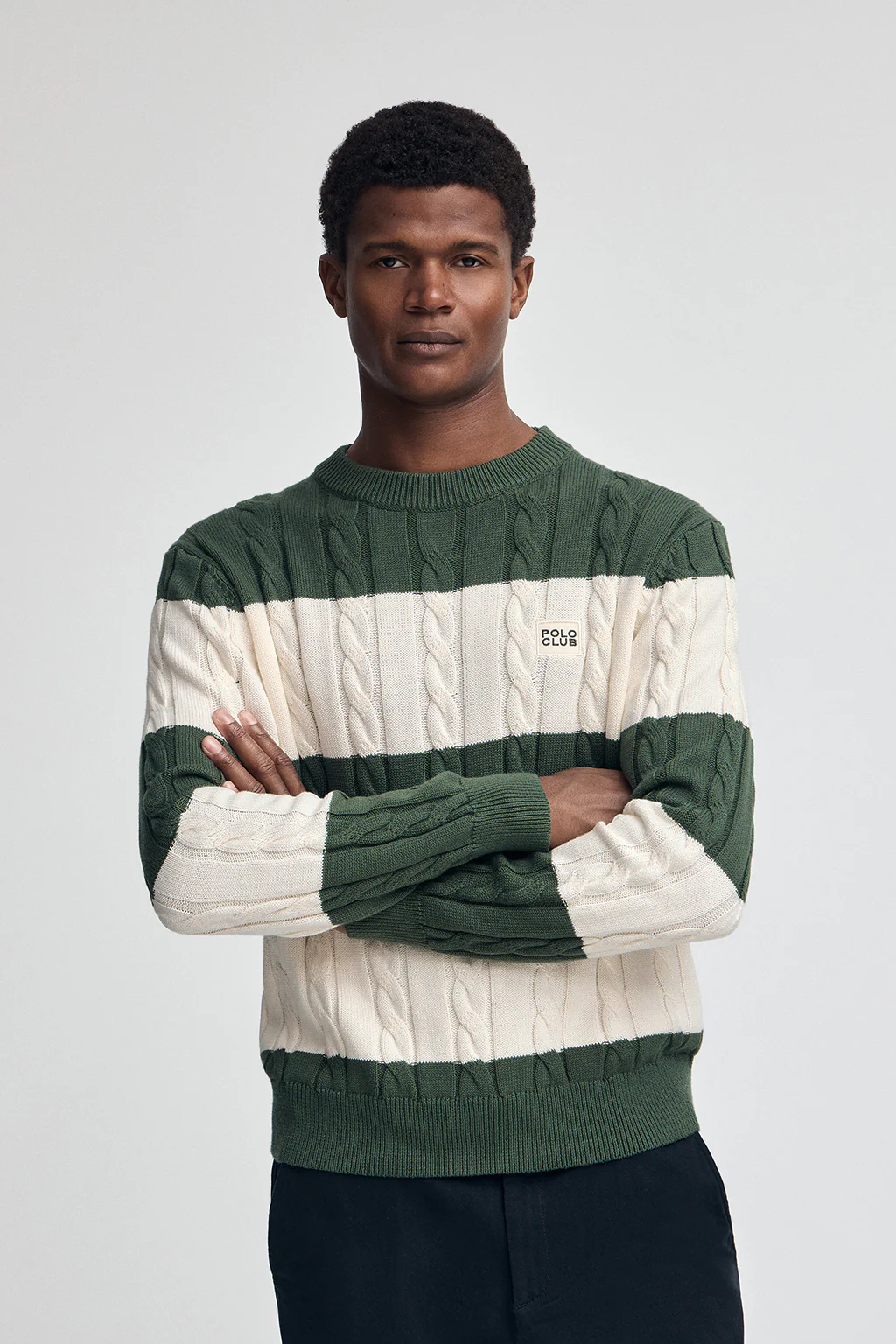 Jersey de rayas verde lodo y crudo de punto trenzado en mezcla de lana con parche Polo Club