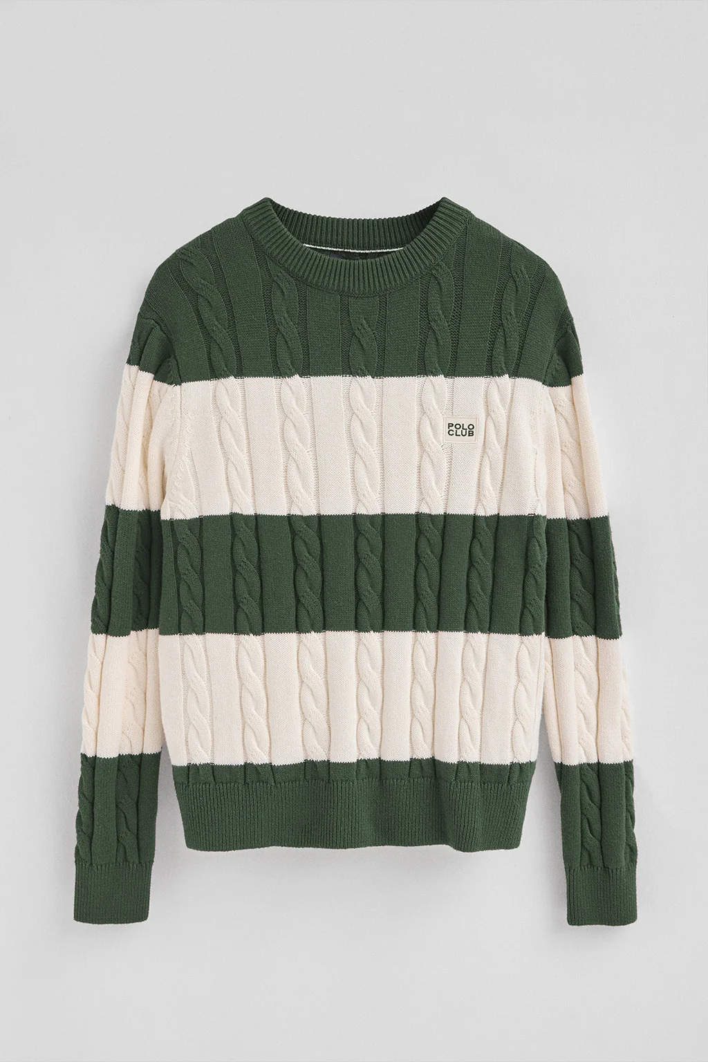 Jersey de rayas verde lodo y crudo de punto trenzado en mezcla de lana con parche Polo Club - Image 6