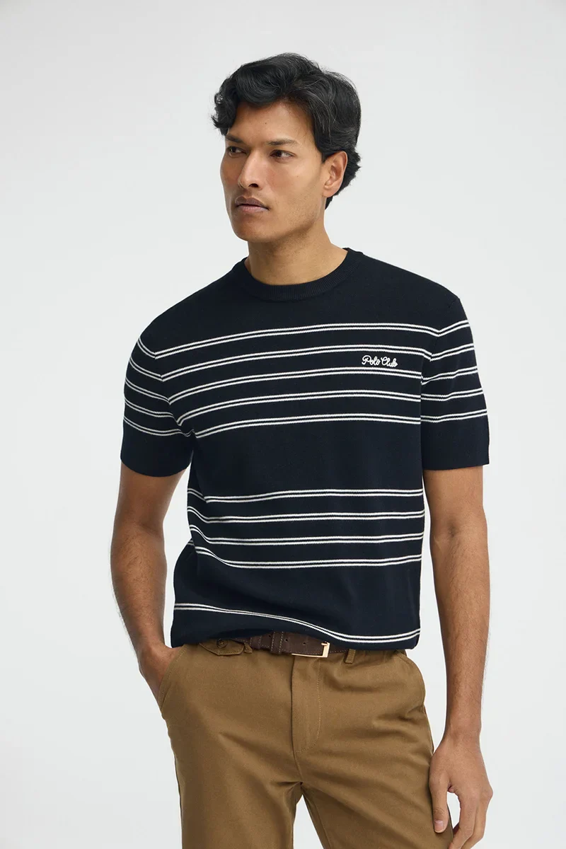 Jersey de rayas azul marino y color crudo de manga corta con bordado Polo Club