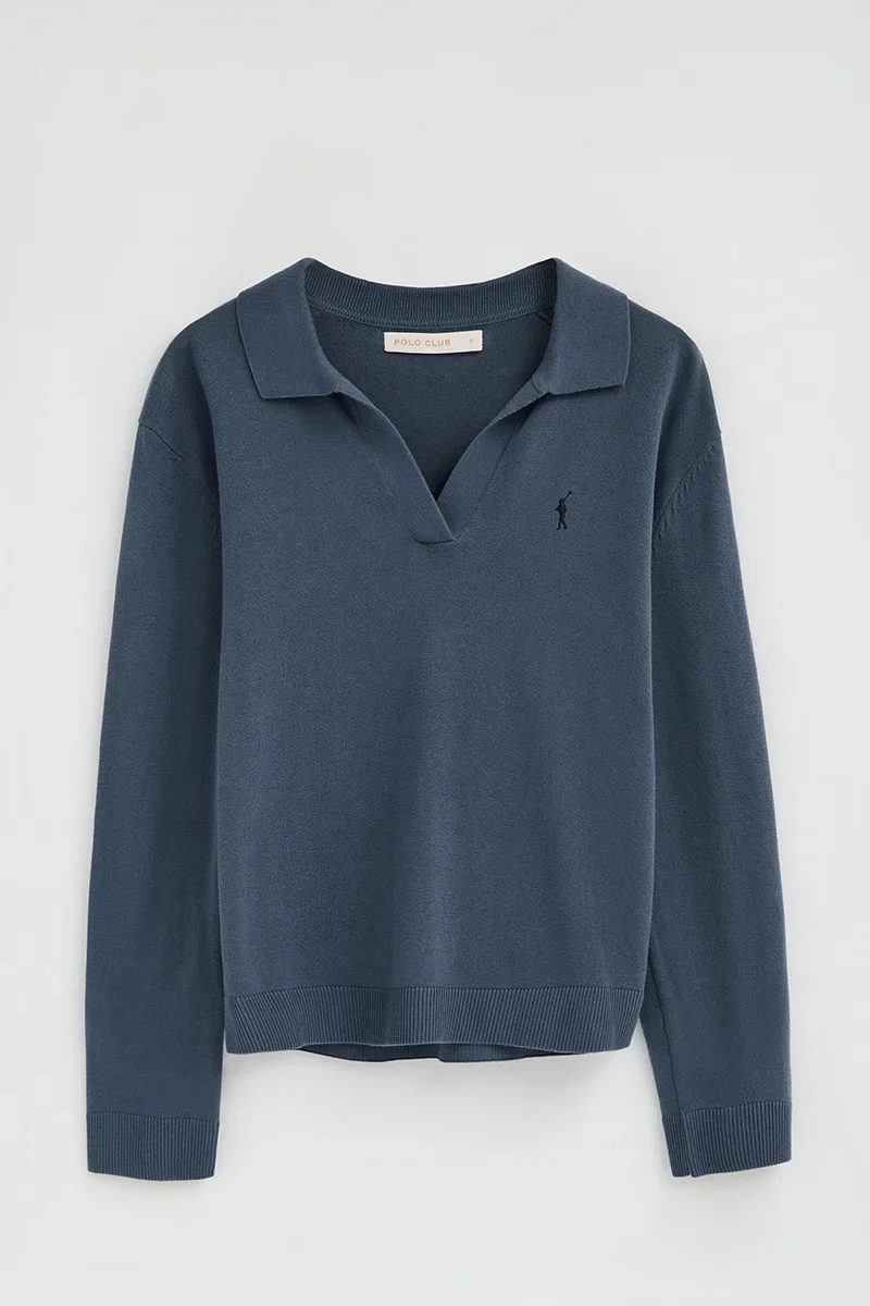 Jersey azul denim de cuello polo con logo Rigby Go - Image 9