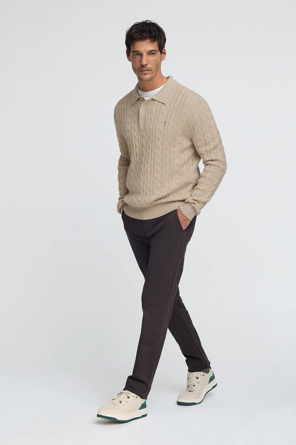 Jersey beige de punto trenzado en mezcla de lana con cuello polo y bordado Rigby Go - Image 3
