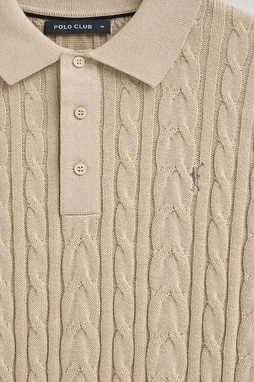 Jersey beige de punto trenzado en mezcla de lana con cuello polo y bordado Rigby Go - Image 6