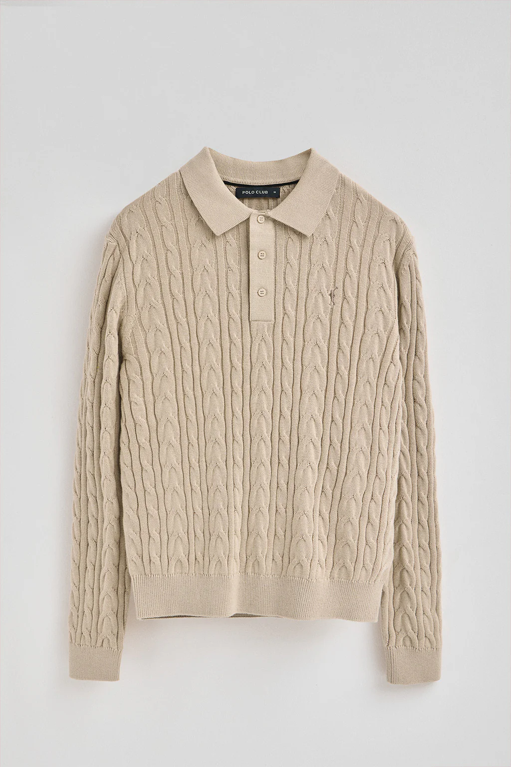 Jersey beige de punto trenzado en mezcla de lana con cuello polo y bordado Rigby Go - Image 8