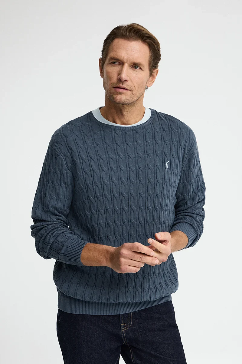 Jersey azul denim de punto trenzado y logo Rigby Go - Image 2