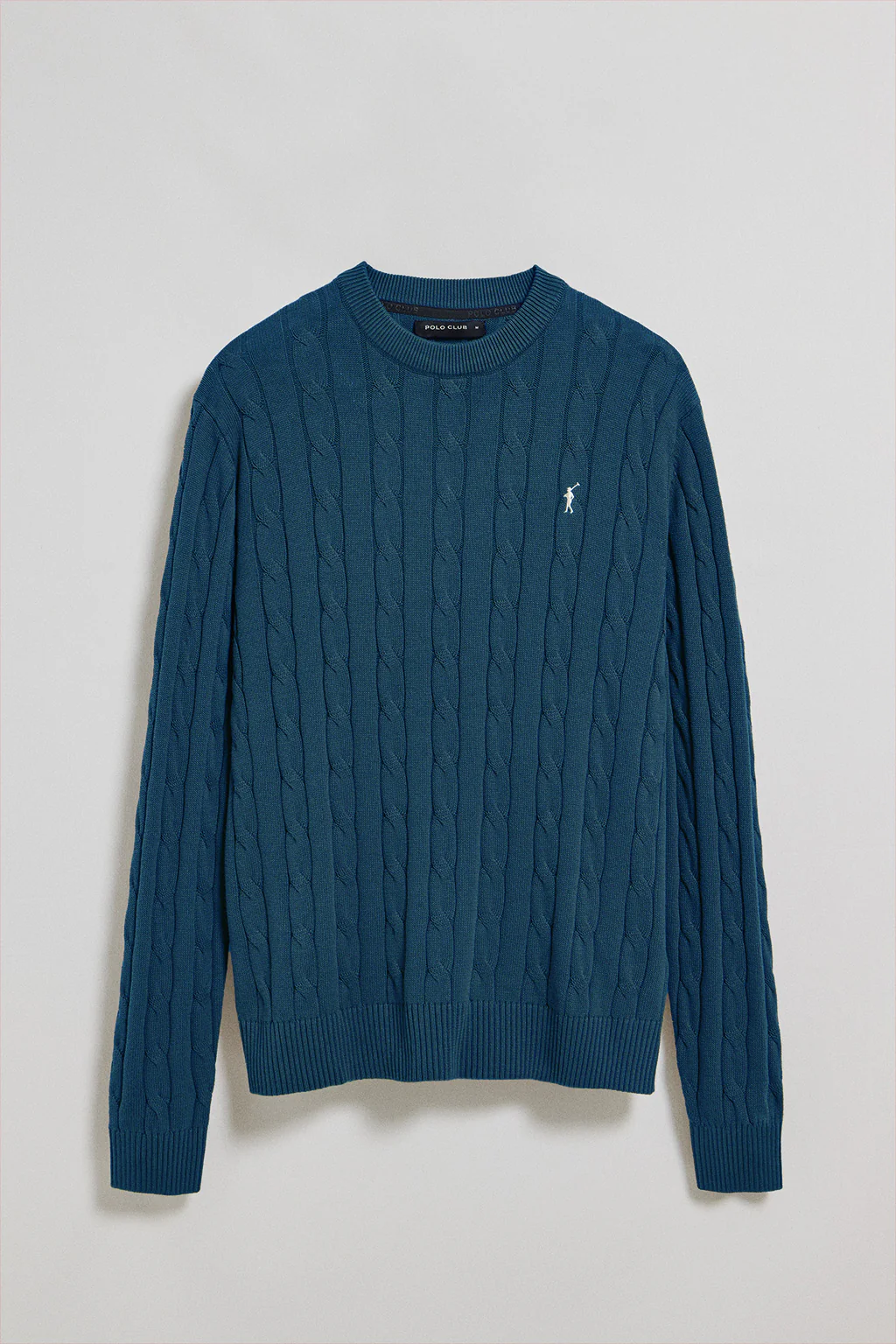 Jersey azul denim de punto trenzado de cuello redondo y bordado Rigby Go - Image 5