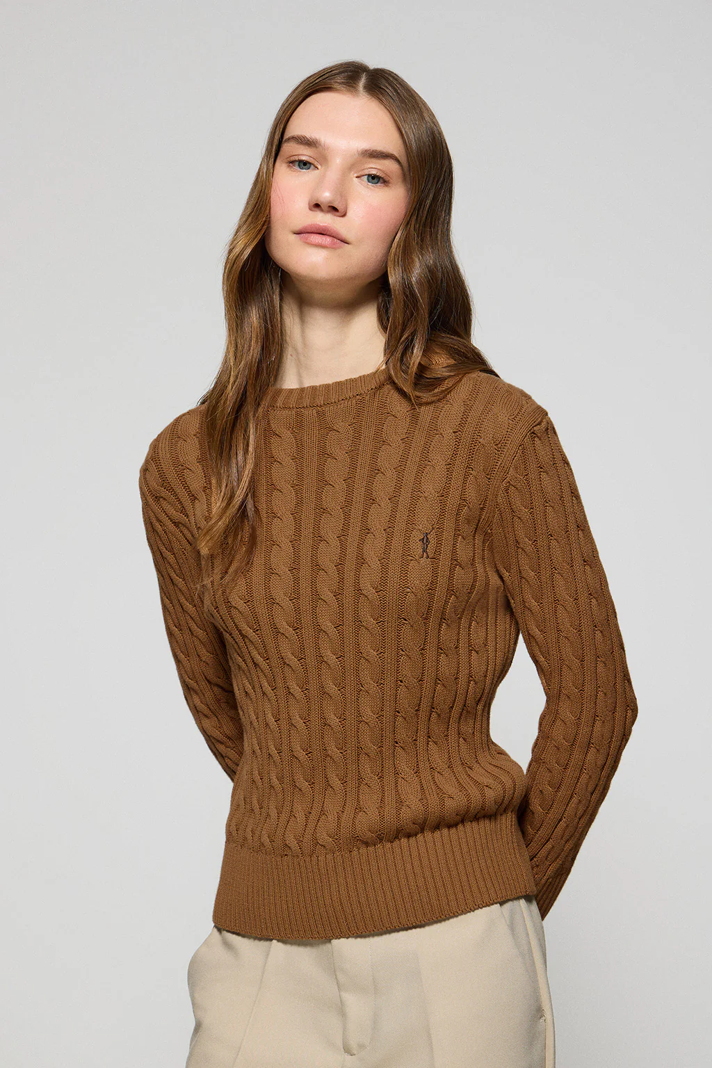 Jersey color camel trenzado de cuello redondo y bordado Rigby Go
