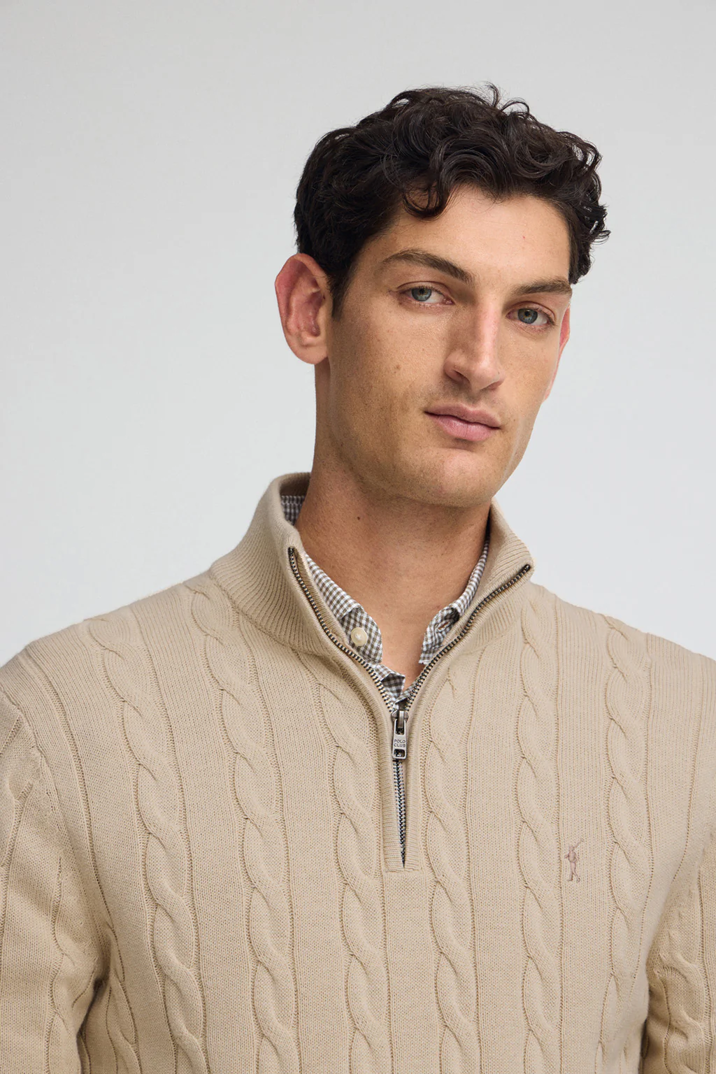 Jersey beige de punto trenzado en mezcla de lana con media cremallera y bordado Rigby Go - Image 2