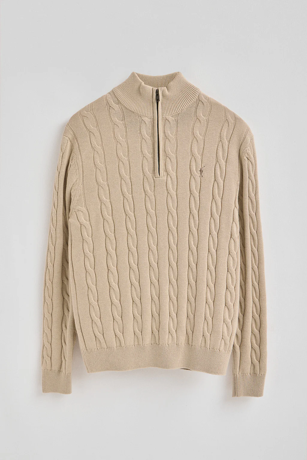 Jersey beige de punto trenzado en mezcla de lana con media cremallera y bordado Rigby Go - Image 8