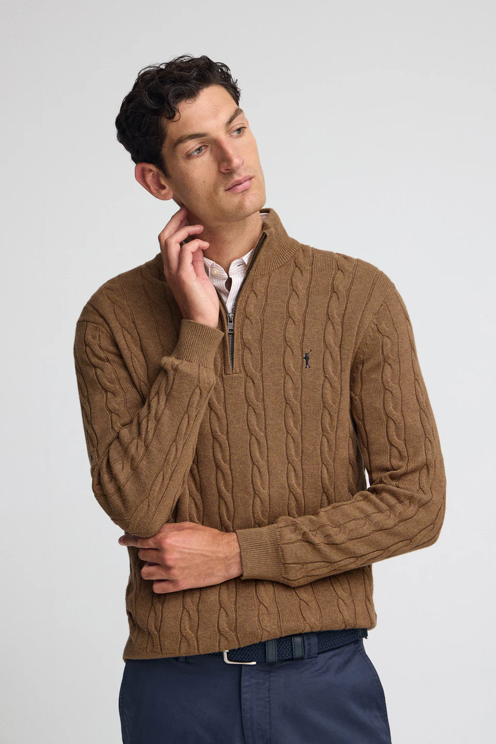 Jersey camel vigoré de punto trenzado mezcla de lana con media cremallera y bordado Rigby Go - Image 2