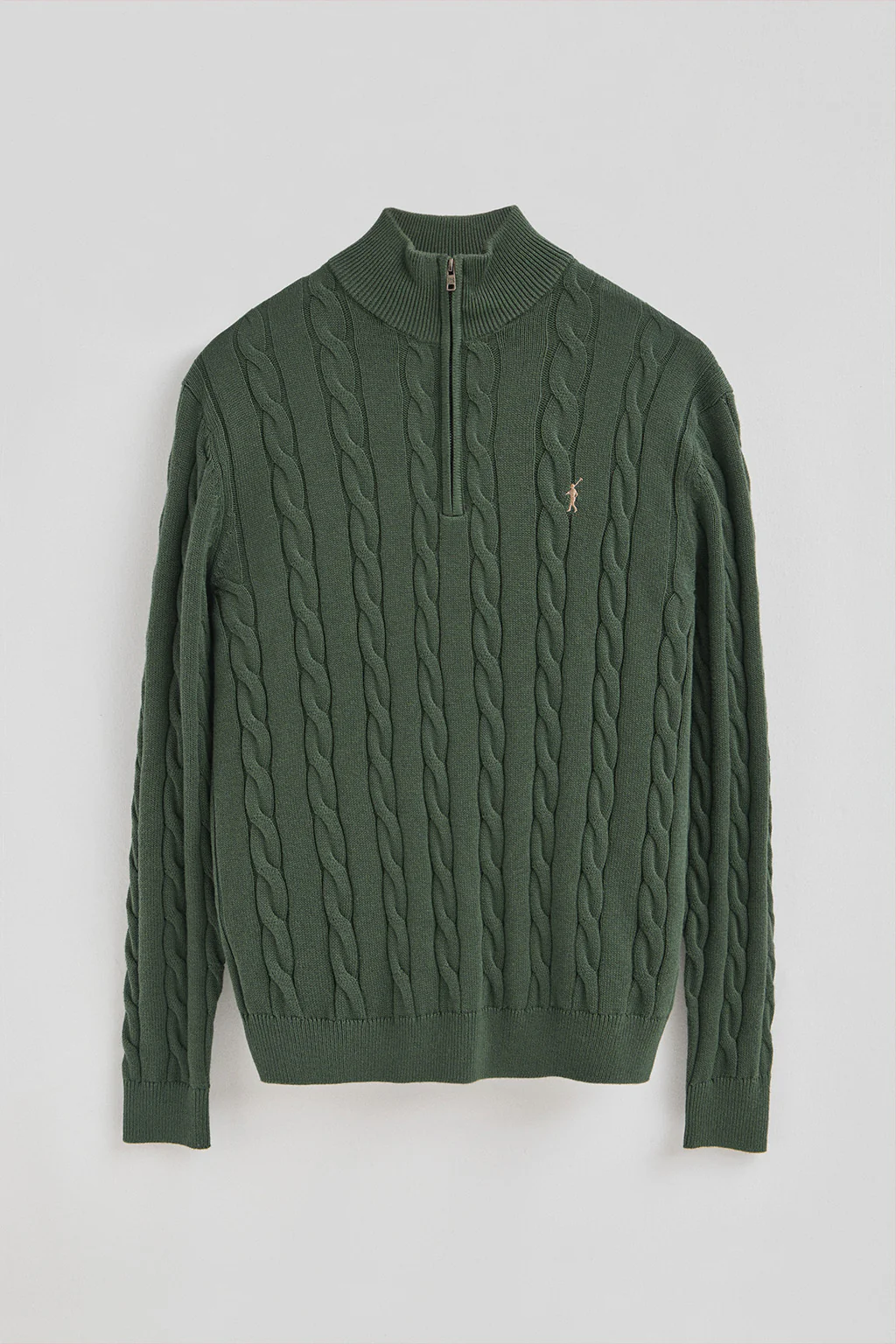 Jersey verde lodo de punto trenzado en mezcla de lana con media cremallera y bordado Rigby Go - Image 5
