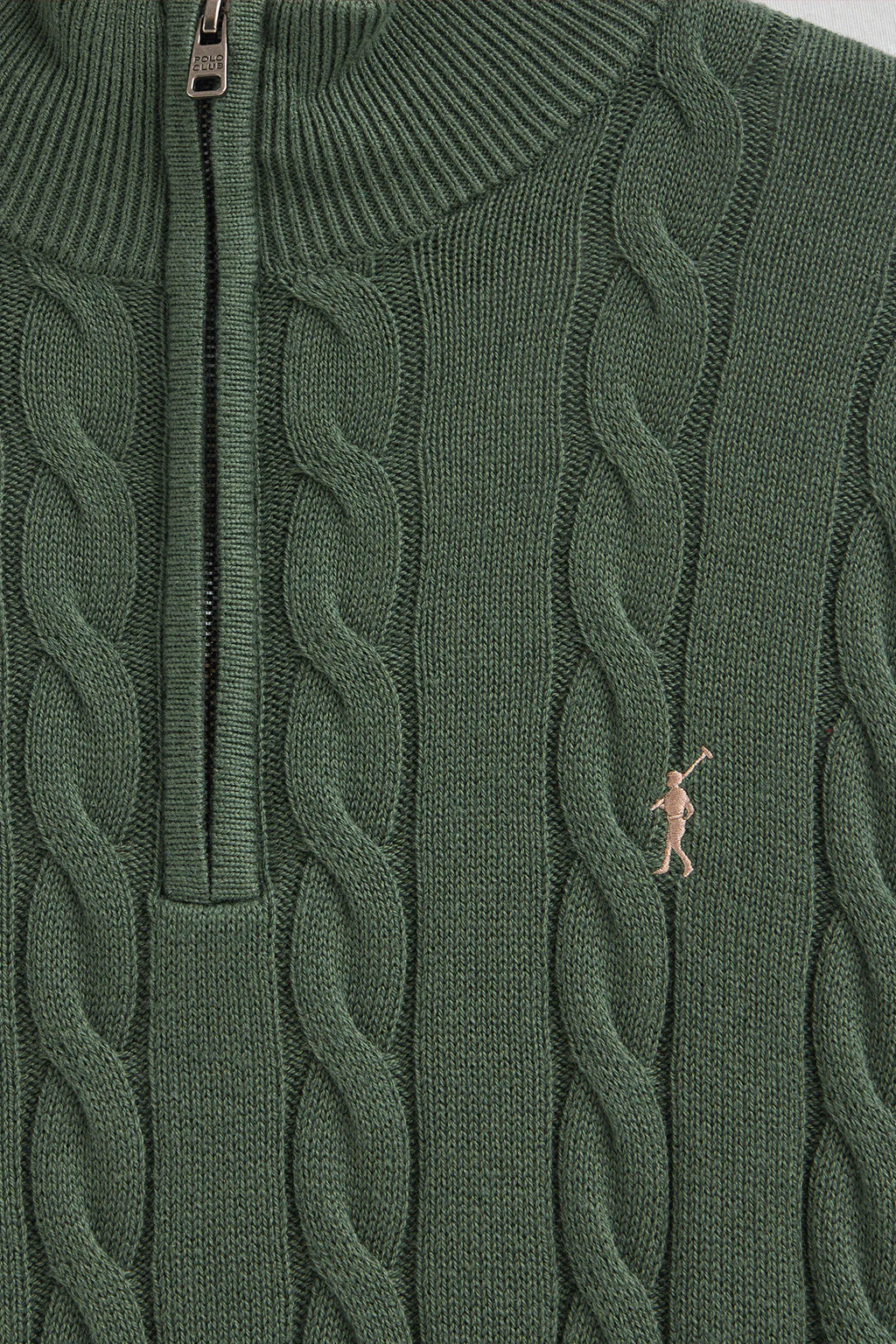 Jersey verde lodo de punto trenzado en mezcla de lana con media cremallera y bordado Rigby Go - Image 6