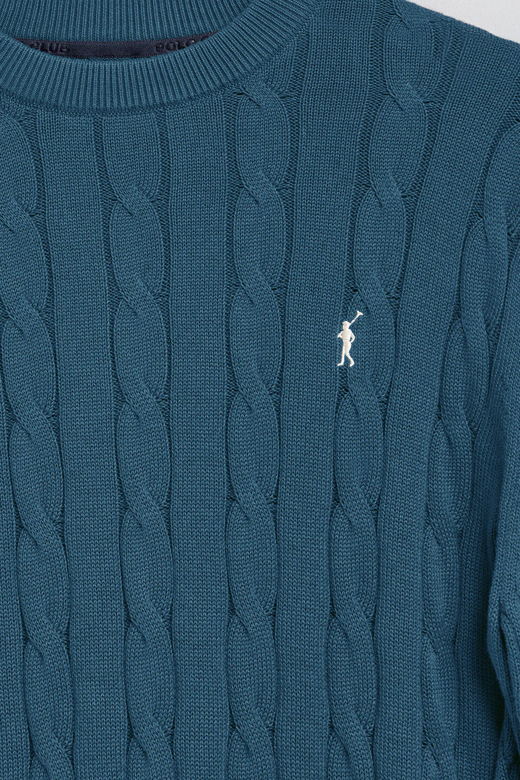 Jersey de punto trenzado azul denim con logo Rigby Go - Image 7