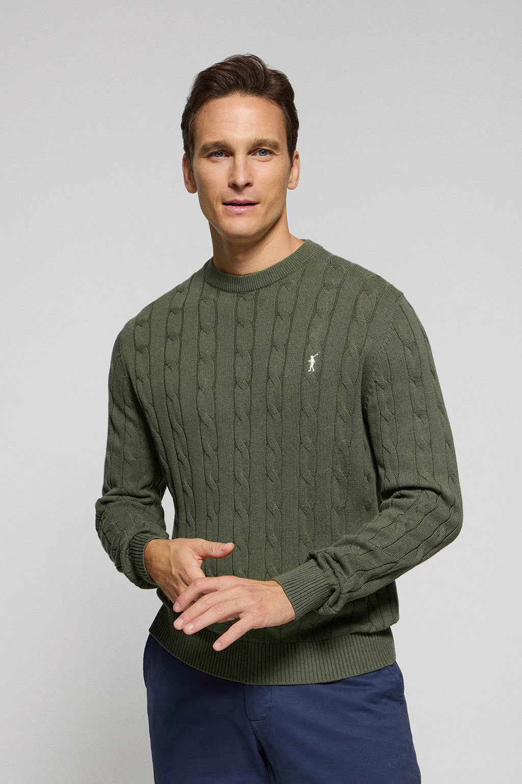 Jersey de punto trenzado verde militar con logo Rigby Go