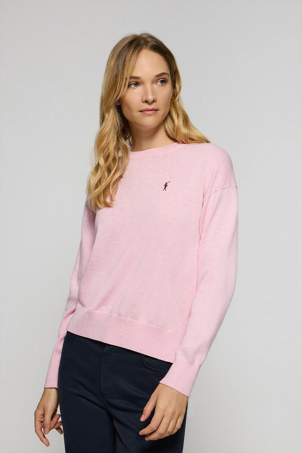 Jersey de punto color rosa vigoré con cuello redondo y logo bordado Rigby Go