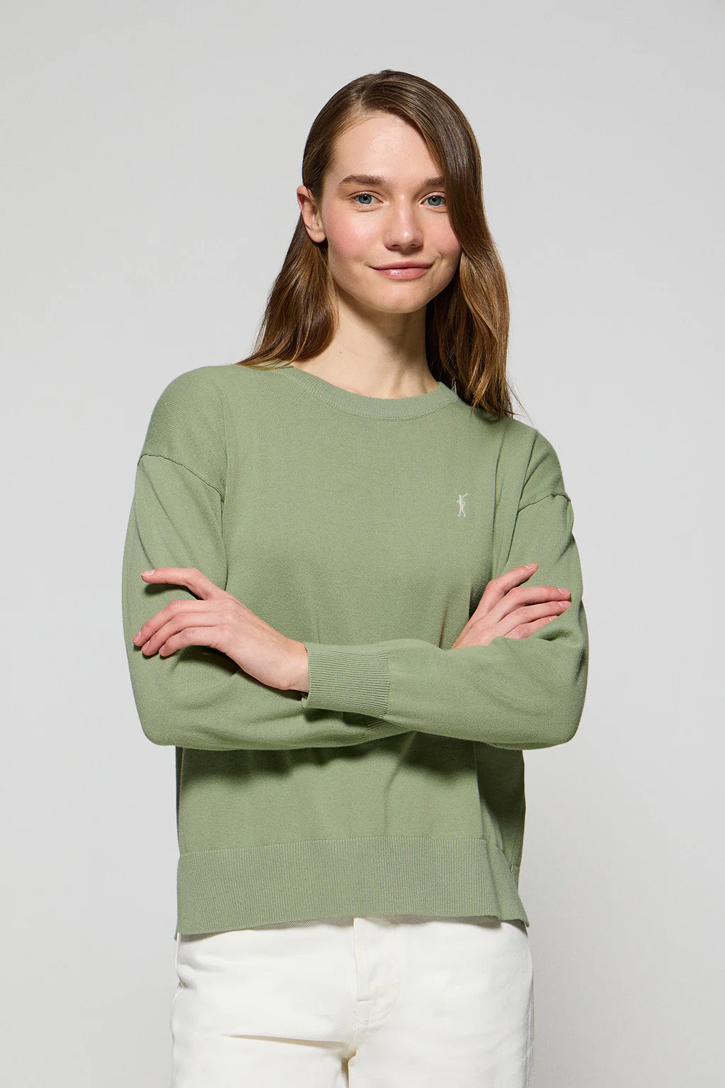 Jersey de punto verde jade con cuello redondo y logo bordado Rigby Go