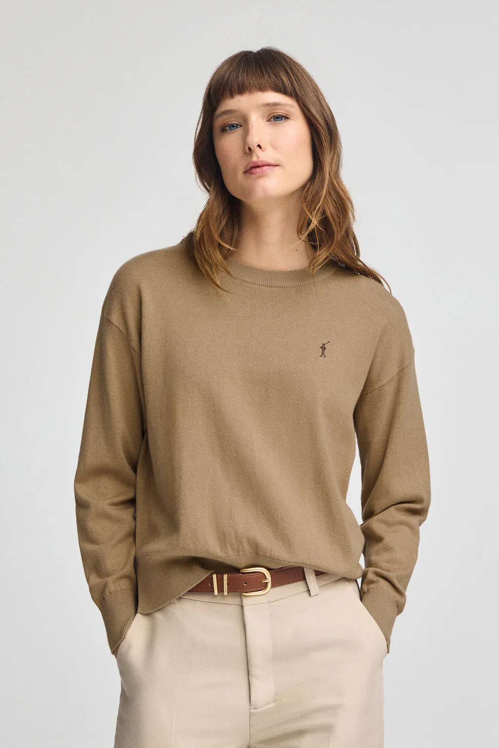 Jersey marrón claro de cuello redondo con mezcla de lana y bordado Rigby Go