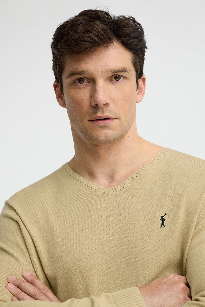 Jersey beige de cuello en pico con bordado Rigby Go - Image 3