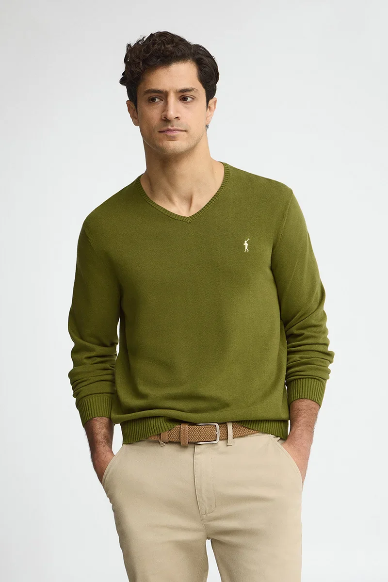 Jersey verde musgo de cuello en pico con bordado Rigby Go - Image 2
