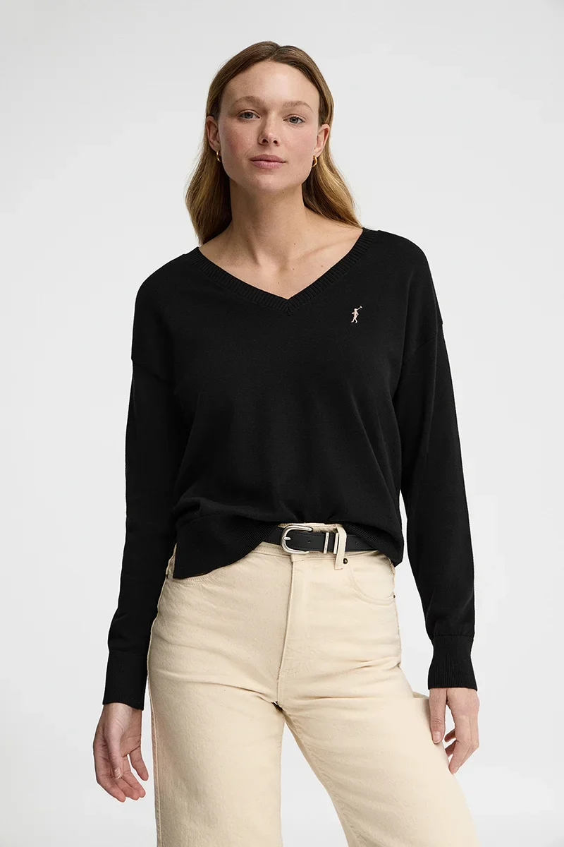 Jersey negro de cuello pico con logo Rigby Go