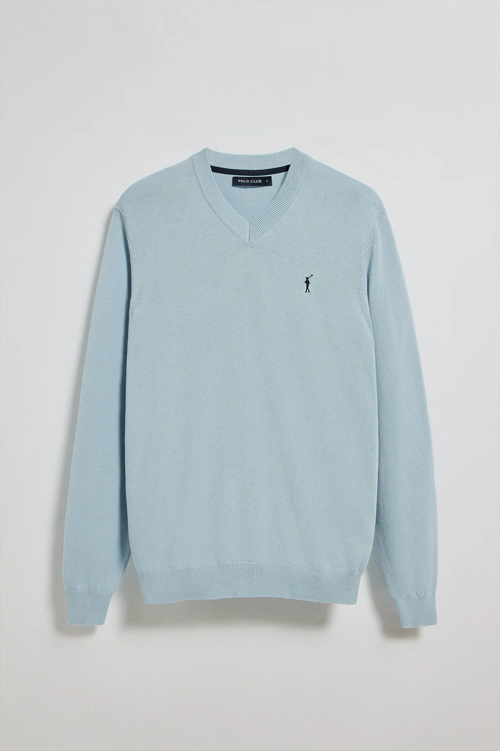 Jersey azul claro de punto con cuello de pico y bordado Rigby Go - Image 9