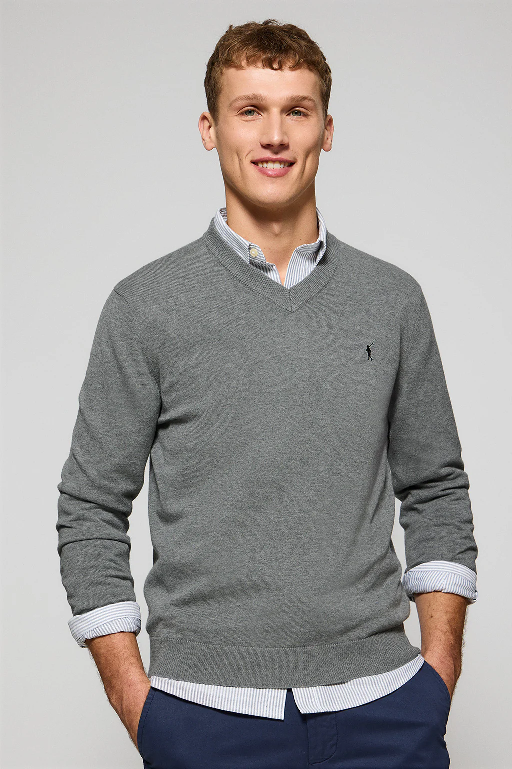 Jersey gris vigoré de punto con cuello de pico y bordado Rigby Go