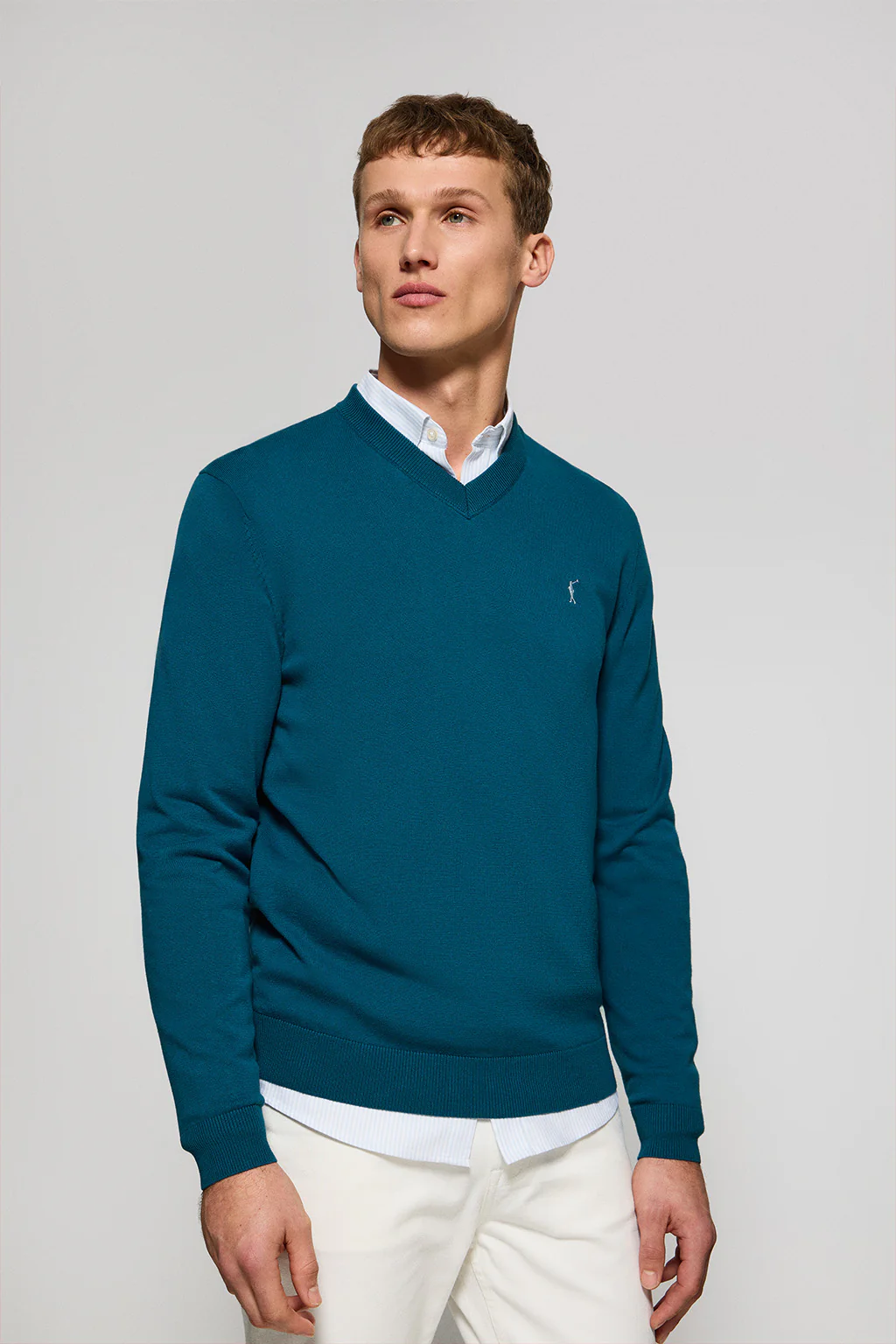 Jersey azul verdoso de punto con cuello de pico y bordado Rigby Go
