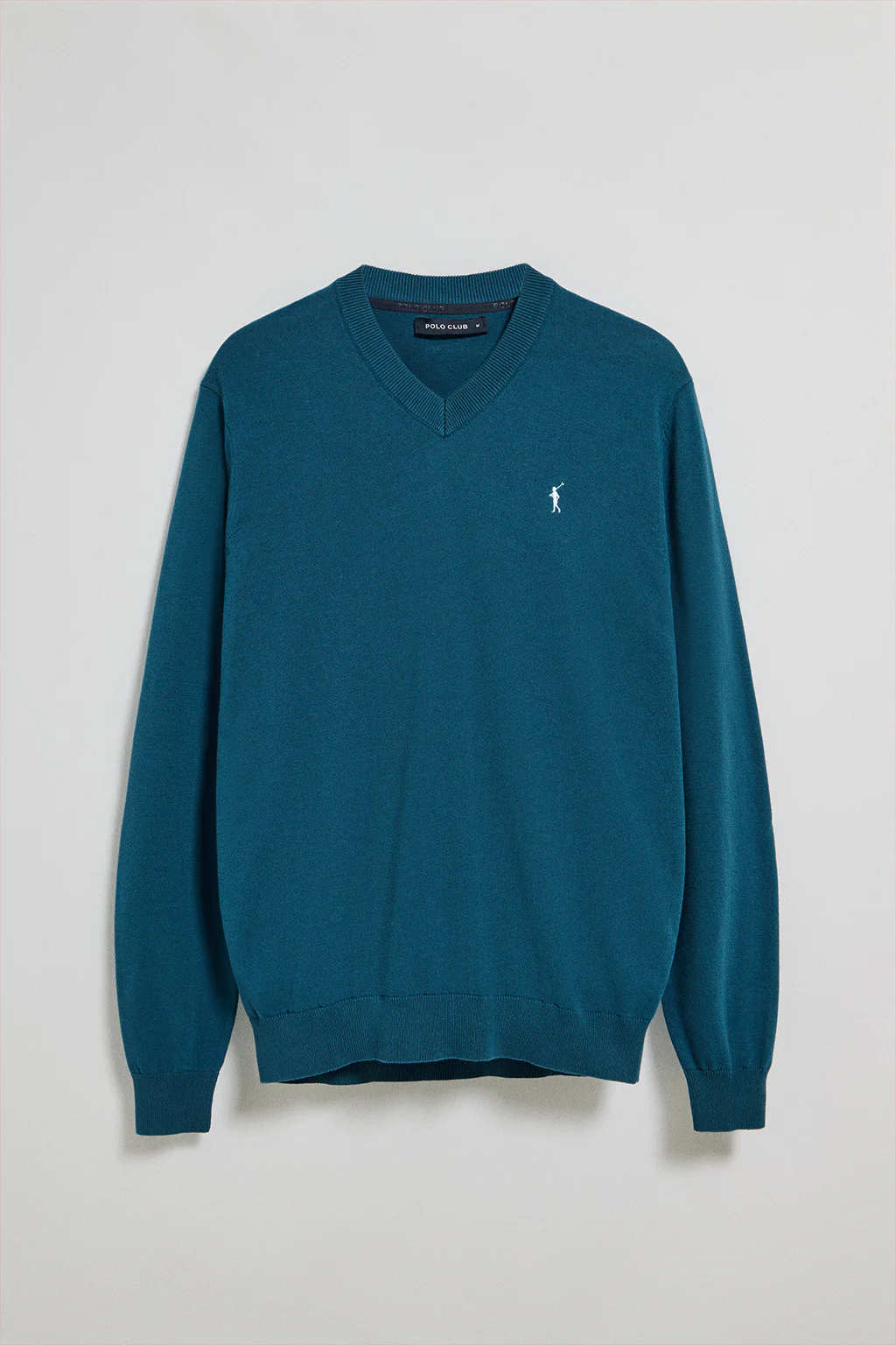 Jersey azul verdoso de punto con cuello de pico y bordado Rigby Go - Image 9