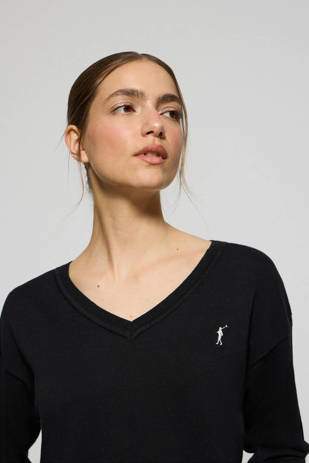 Jersey de punto negro con cuello de pico y logo bordado Rigby Go - Image 2