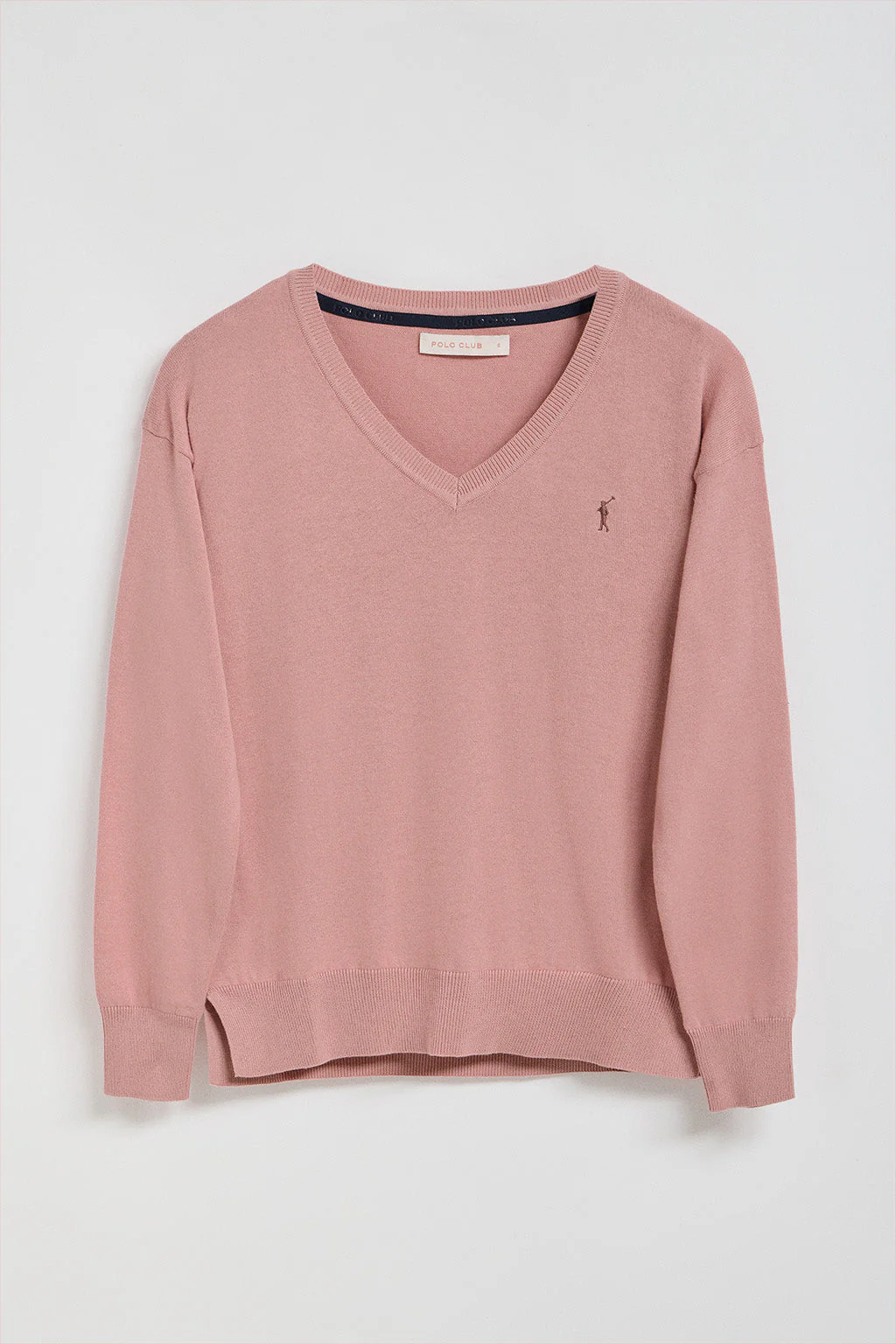 Jersey de punto color rosa con cuello de pico y logo bordado Rigby Go - Image 9