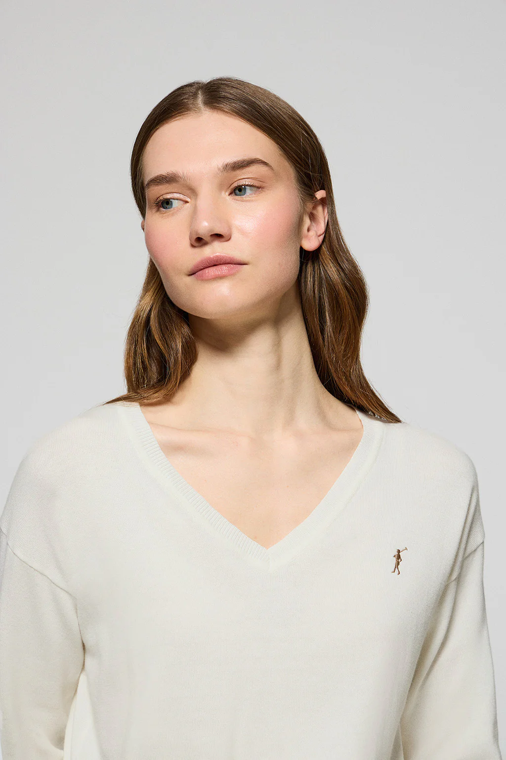 Jersey beige de punto con cuello de pico y logo bordado Rigby Go - Image 3