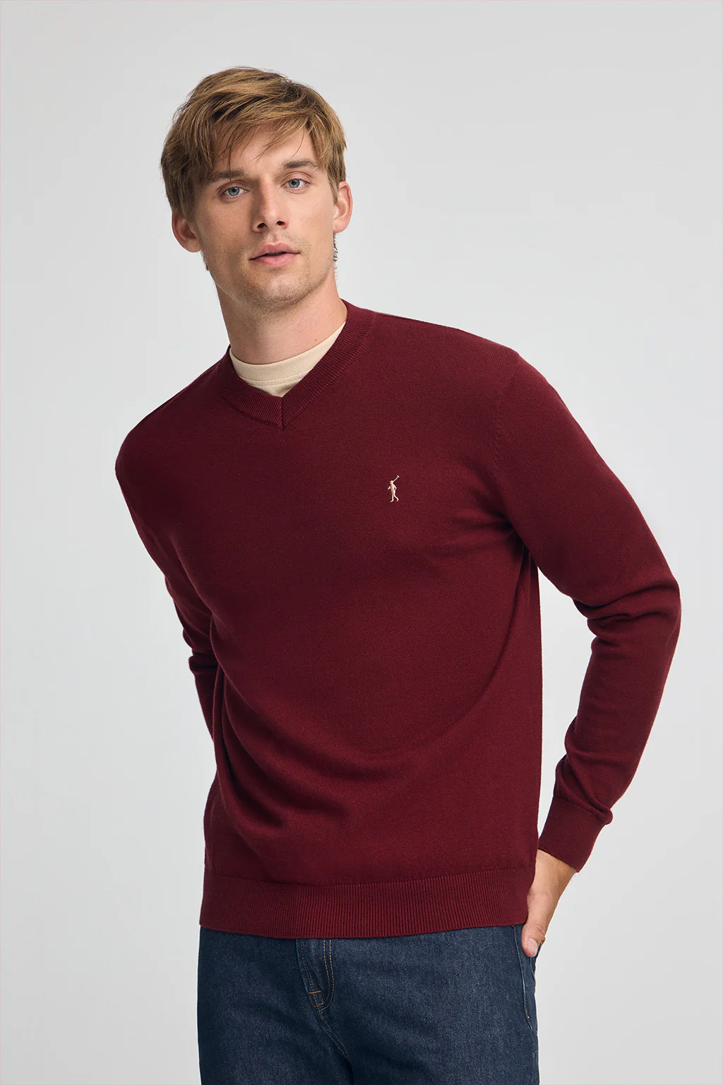 Jersey granate de cuello pico y mezcla lana con bordado Rigby Go