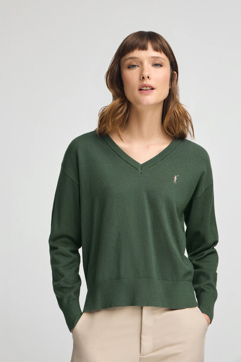 Jersey verde lodo de cuello pico con mezcla de lana y bordado Rigby Go - Image 2