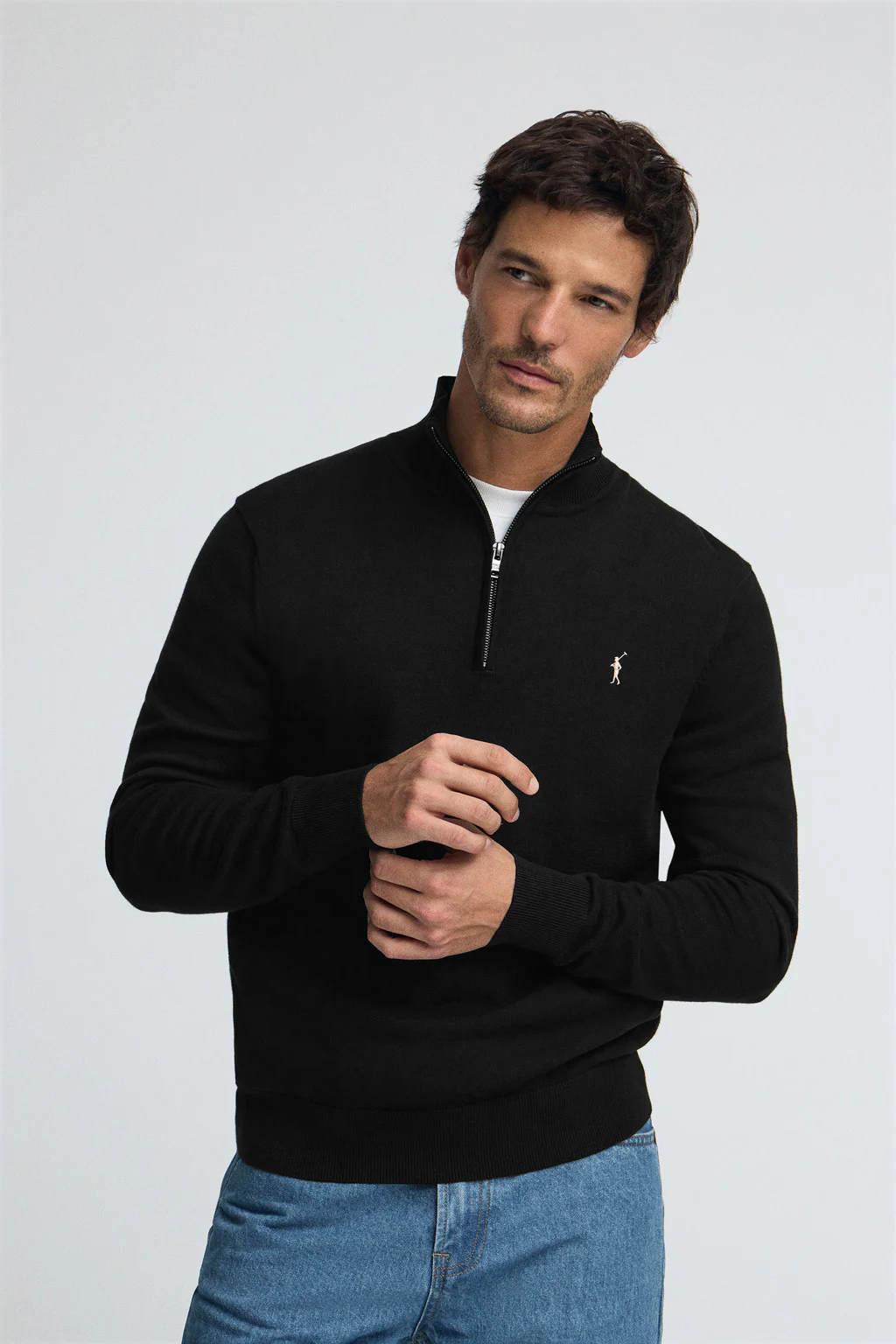 Jersey negro de algodón con cuello de media cremallera y bordado Rigby Go