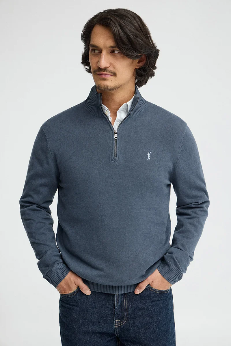Jersey azul denim de cuello cremallera con logo Rigby Go
