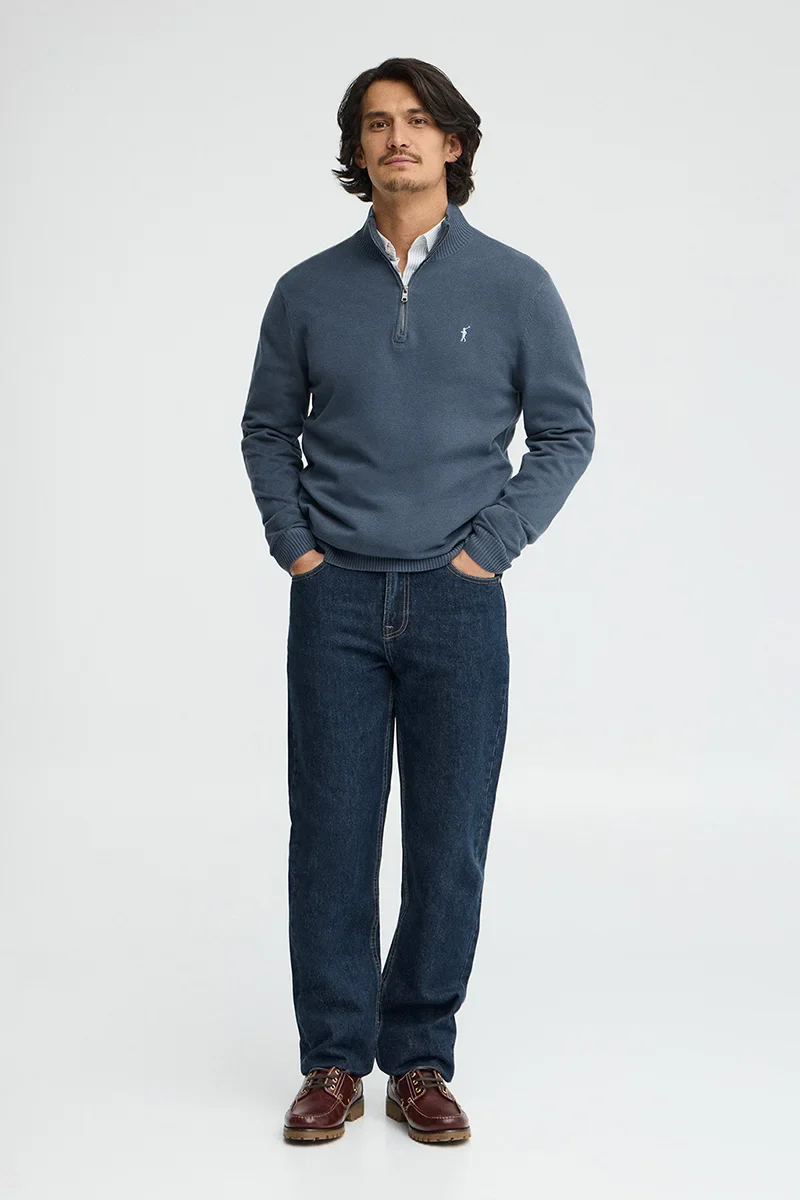 Jersey azul denim de cuello cremallera con logo Rigby Go - Image 3