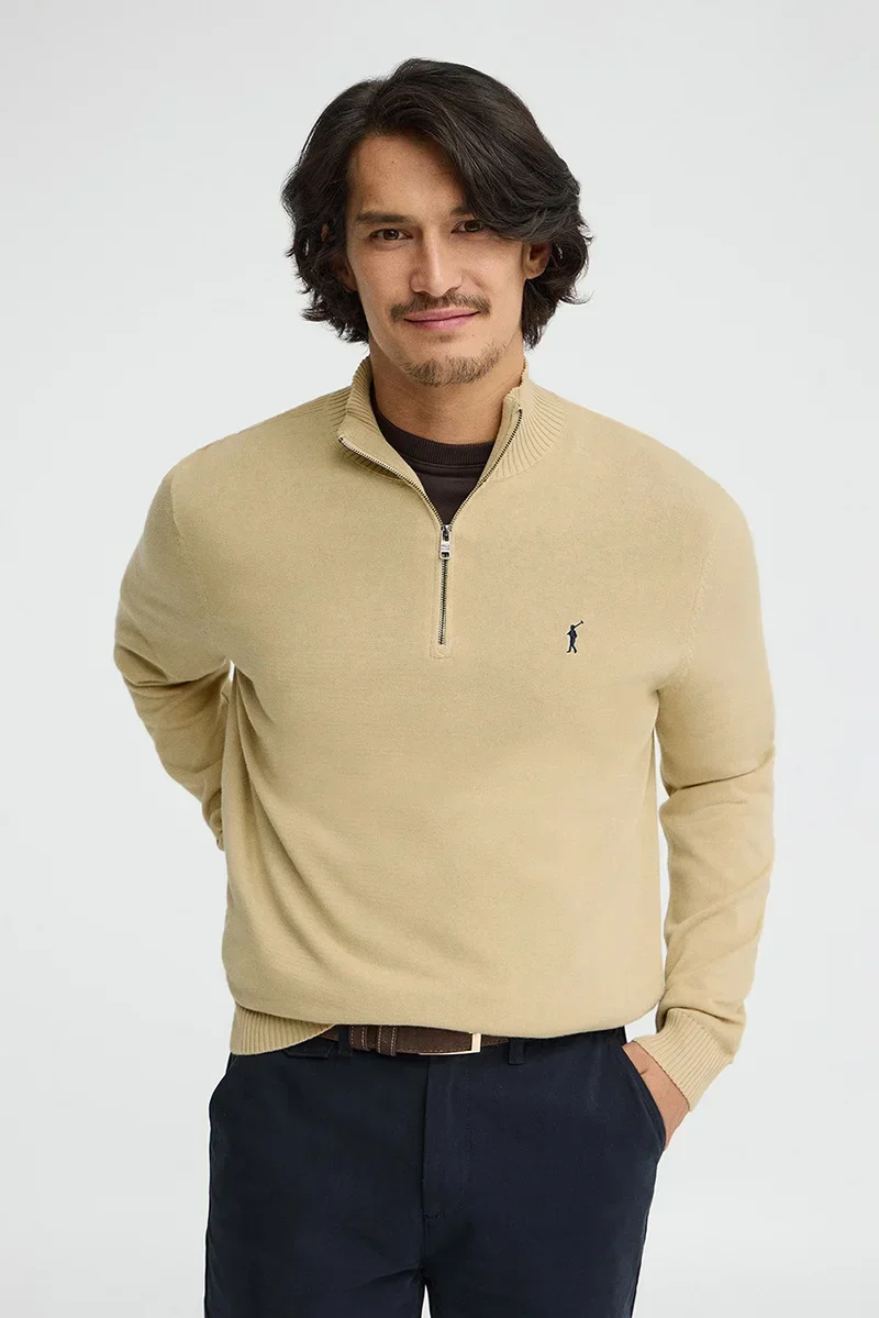 Jersey beige de cuello cremallera con logo Rigby Go - Image 3