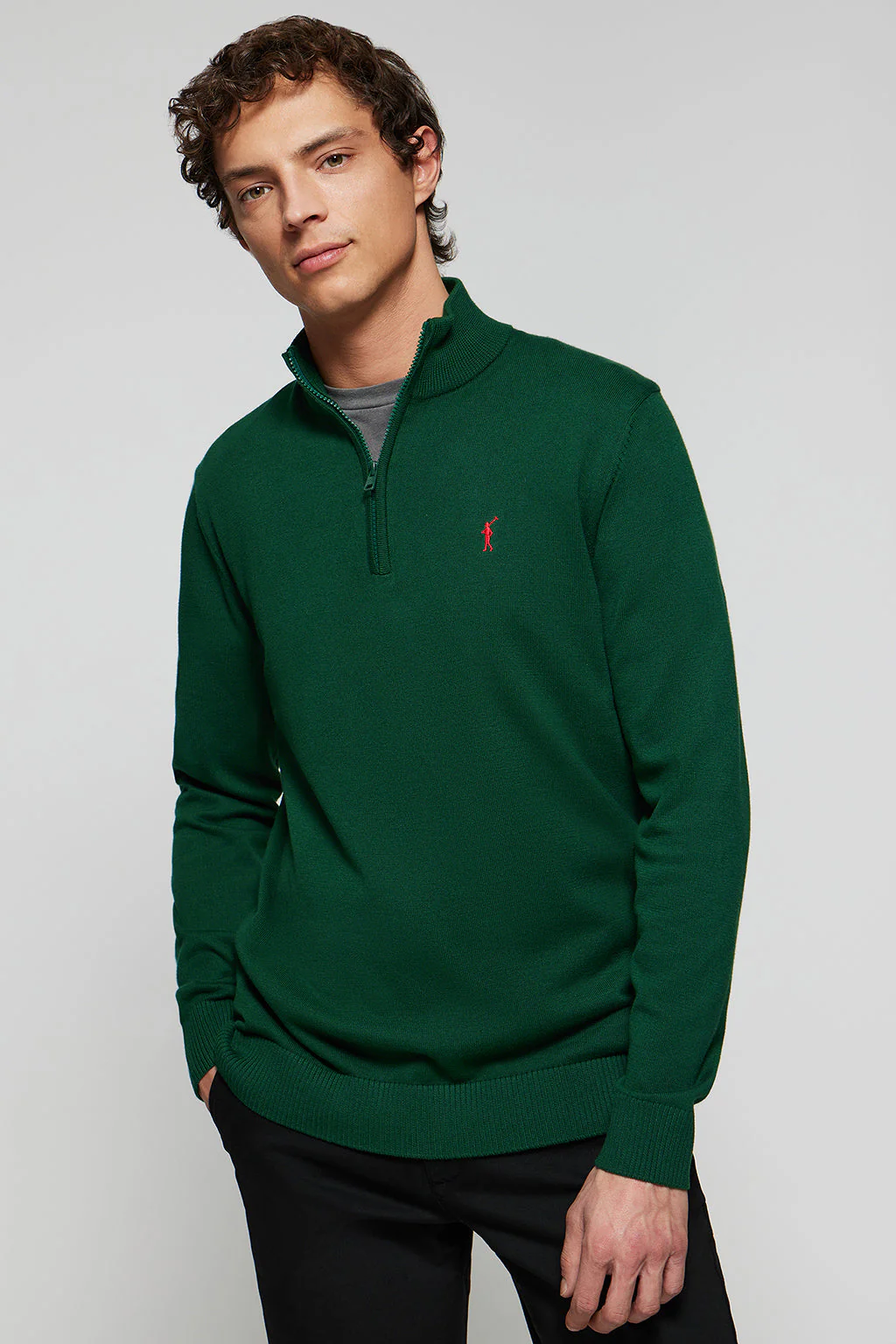Jersey verde botella de punto de cuello subido y cremallera y logo Rigby Go